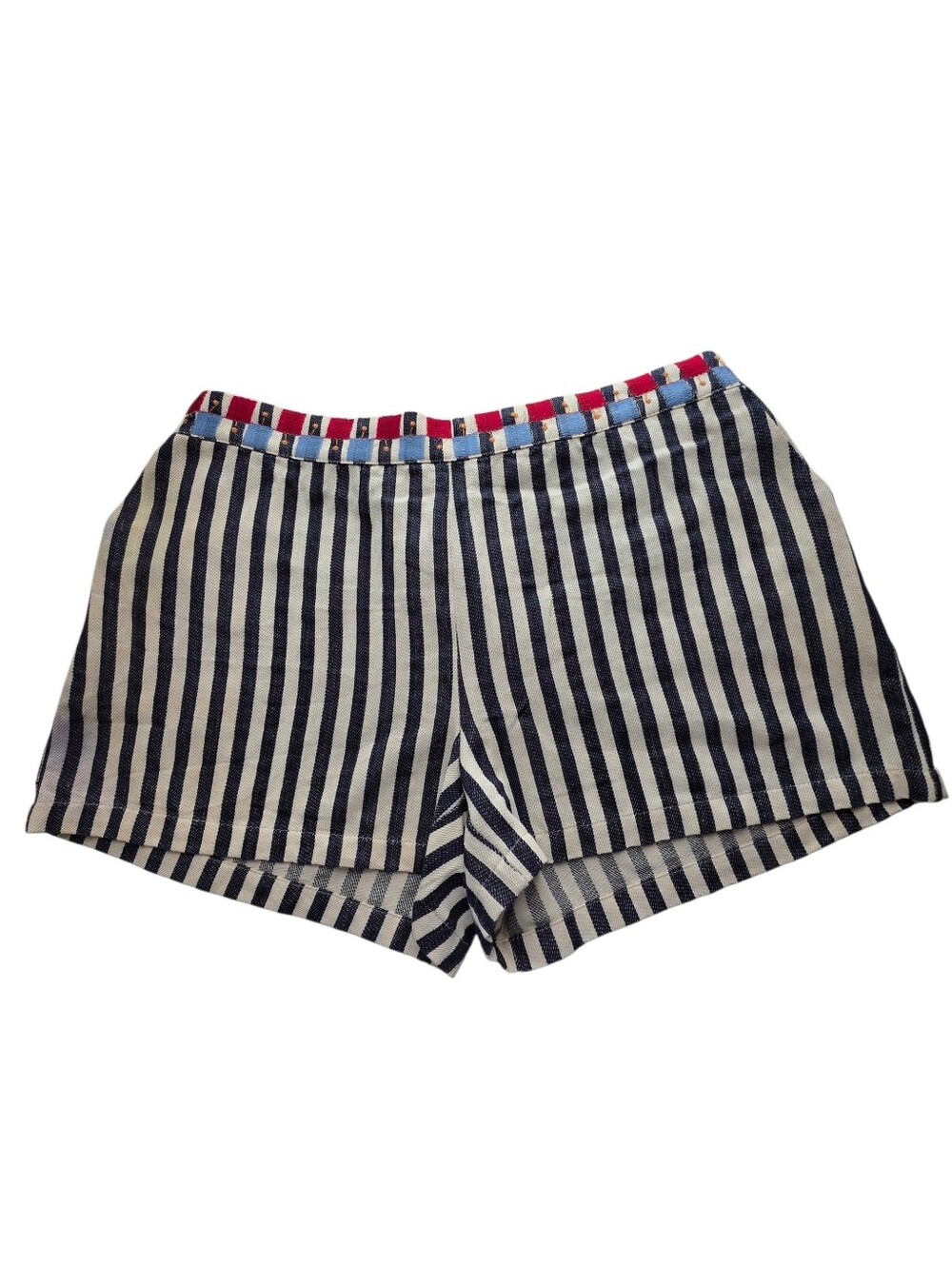 THML Navy and Cream Striped Shorts With Waistband Embroidery Size Large